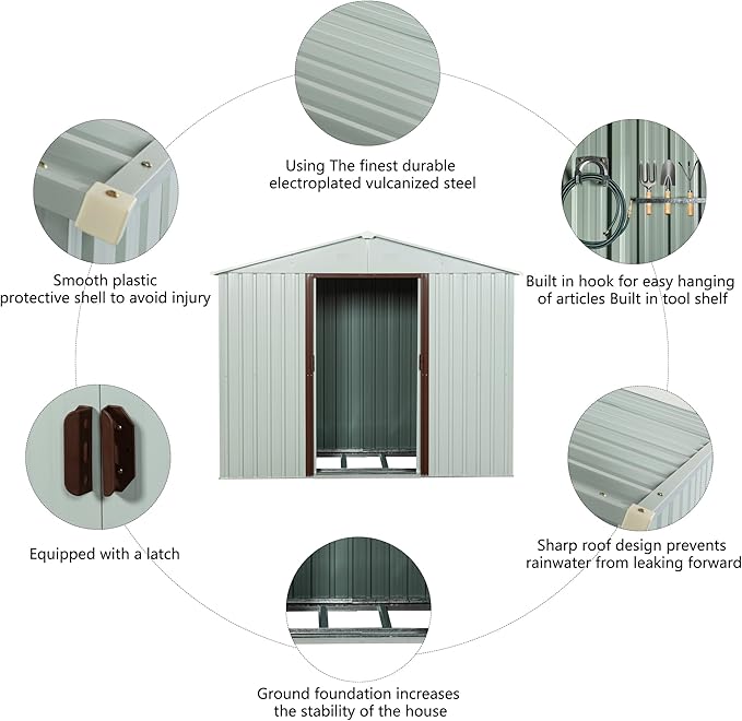 8 x 4 FT Outdoor Storage Shed, Metal Garden Shed with Floor Frame, Tool Shed Outdoor Storage with Lockable Sliding Doors & Window & Air Vents, Storage House Waterproof for Backyard, Lawn, White