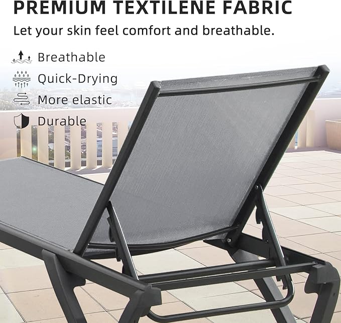 Domi Pool Lounge Chairs, Aluminum Patio Chaise Lounge Set of 2, 5 Position Adjustable Backrest and Wheels, All Weather Outdoor Lounge Chairs for Beach, Yard, Balcony, Poolside, Gray