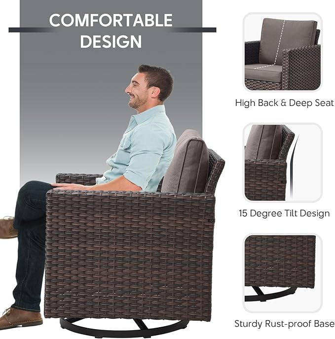 9 Piece Wicker Patio Furniture Set - Outdoor Swivel Rocker Chairs Set with Coffee Table, Rattan Chairs, 3 Seat Sofa & Ottomans, Patio Conversation Sets for Bcakyard Deck - Brown/Grey