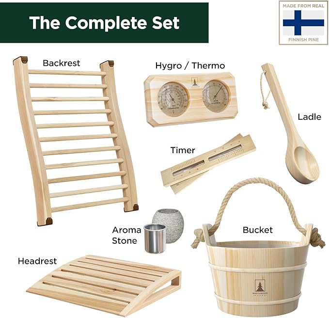 Sauna Accessories Kit - Handmade from Finnish Pine Wood - Complete Set (Bucket & Ladle, Thermometer & Hygrometer, Sand Timer, Aromatherapy Cup, Backrest, Headrest)