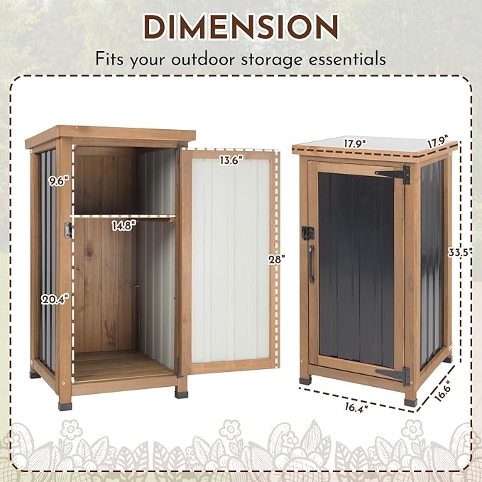 Outdoor Storage Cabinet with Metal Worktop, Fir Wood Frame & Adjustable Shelf, Weather-Resistant Garden Tool Organizer for Patio, Porch, Balcony, or Garage (18" L x 18" W x 33.5" H)