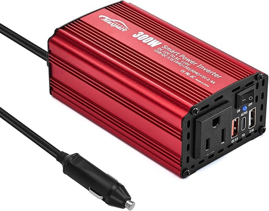 300W Car Power Inverter,12V DC to 110V AC Inverter Converter for Vehicles, PD (Type-C) QC3.0 and 2.4A USB Car Adapter with Cigarette Lighter Ports for Smartphones Laptops Tablets