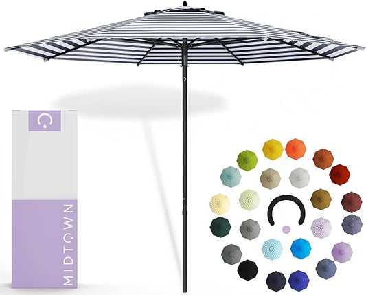 Midtown Umbrellas Push and Pop 9 Feet Outdoor Umbrella, Navy/White Stripes Polyester Fabric - Fiberglass Ribs Deck Patio Umbrella, Backyard Umbrella, Garden Umbrella & Pool Umbrella - Black Pole