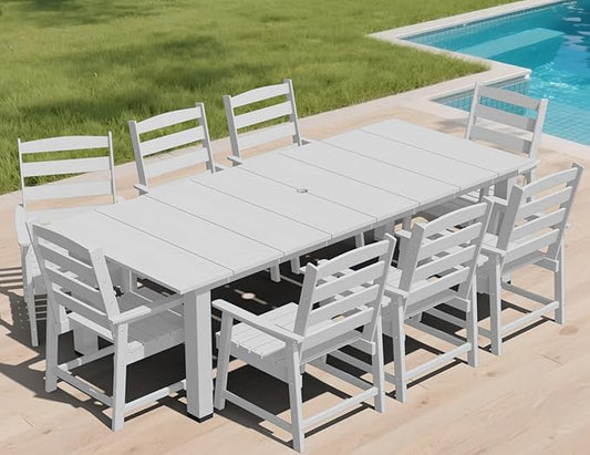 LOUNZY 9 Pieces Patio Dining Sets, 90'' Table Outdoor HDPE Furniture Set w/ 2" Hole Cut-Out Dining Table with 8 Patio Chairs for Lawn, Pool and Yard, White