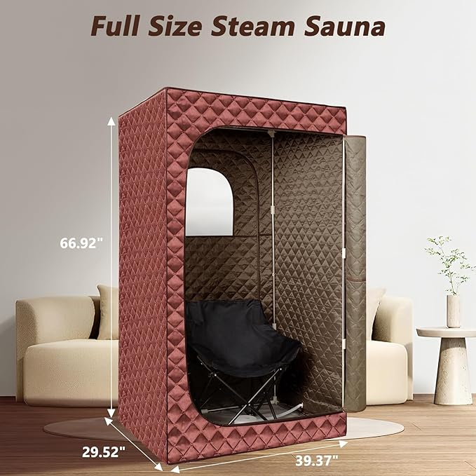 Portable Steam Sauna for Home Spa, Full Size Personal Sauna for Relaxation at Home, Sauna Tent Sauna Box with 3L Steamer, Remote Control, Large Size Folding Chair (Brown)