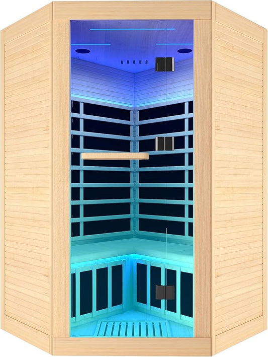 Indoor Sauna Two Person Far Infrared Saunas for Home 1 - 3 Person Wood Sauna Canadian Hemlock 2180W/110V Low EMF Dry Sauna Room with Oxygen Bar/7 Color Therapy/9 Heating Plates/Control Panel/Speaker