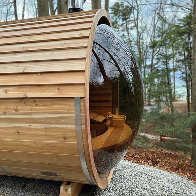 ZONEMEL Customize Outdoor Steam Saun, Traditional Barrel Sauna for 4-8 Person, Canadian Pine/Hemlock/Cedar, Porch Option, Window Selection, Wood Burning Stove (0-195 °F)