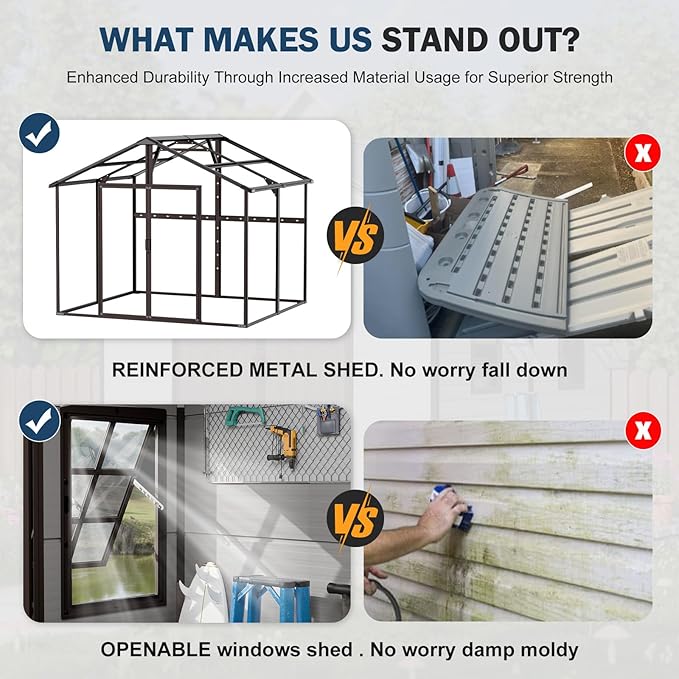 8x8 FT Resin Storage Sheds with Floor and Openable Windows, Large Waterproof Outdoor Plastic Garden Sheds with Base for Backyard Patio Lawn Big Tools Storage, Gray