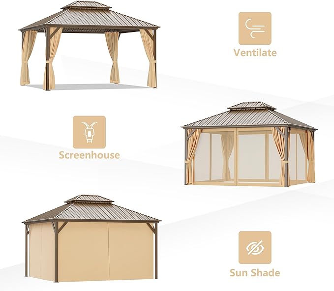 10x14 ft Hardtop Gazebo Outdoor Aluminum Patio Gazebo Double Roof Galvanized Steel Canopy with Netting and Curtains for Garden, Backyard, Deck and Lawns.