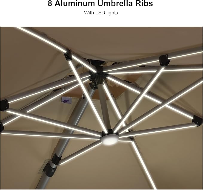 PURPLE LEAF 11 Feet Solar Powered LED Square Cantilever Umbrella With Base Patio Umbrellas Windproof Hanging Umbrella Outdoor Umbrellas Offset Umbrellas, Beige