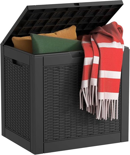 EasyUp 32 Gallon Resin Deck Box Waterproof, UV Resistant Outdoor Storage Box for Delivery, Garden, Patio,and Porch, Rattan Black