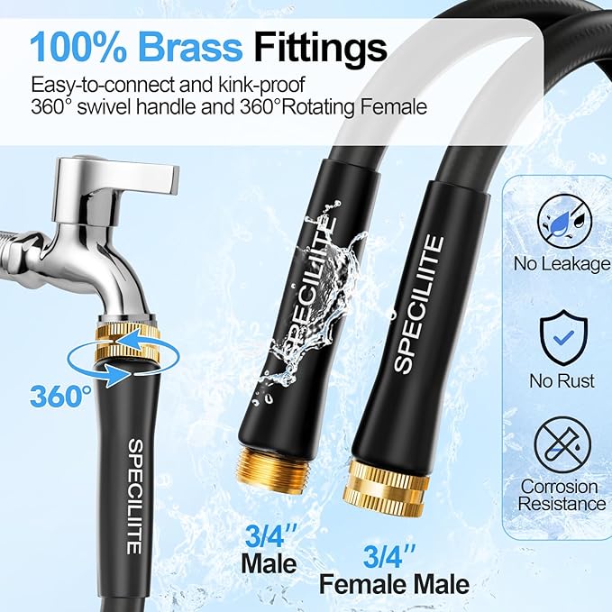 SPECILITE 3/4" Hot/Cold Garden Hose 150 ft with Industrial High Pressure Nozzle, Flexible & Lightweight, 600psi Burst Rubber Water hose -50℉-158℉ With 3/4" Brass Fittings for Yard, Black