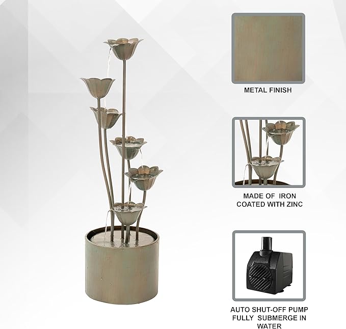 XBrand Metal Sculptural Multi-Tiered Flower Water Fountain, No LED Lights, Silver, 35" Tall