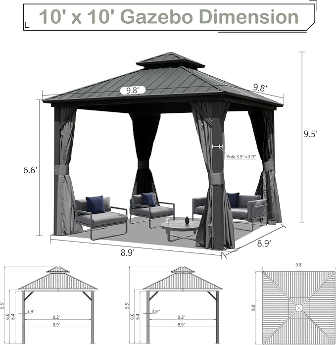 Domi Hardtop Gazebo 10x10FT, Aluminum Outdoor Gazebo with Galvanized Steel Double Roof Canopy, Curtains and Netting Included, Metal Gazebo Permanent Pavilion for Patio, Lawn, Garden, Gray