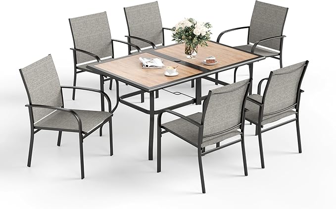 7 Pcs Patio Dining Set for 6, Rectangular Metal Dining Table (PVC Table Top) with Umbrella Hole and 6 Chairs, Outdoor Dining Set for Lawn Garden Deck, Brown
