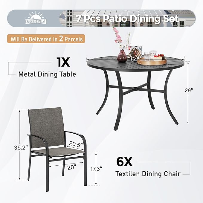 7 Piece Outdoor Dining Set for 6, 54" Round Metal Table with Umbrella Hole, 6 Brown Dining Chairs, Patio Table and Chairs Set for Backyard Lawn