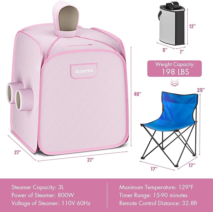 Giantex Portable Folding Sauna, 1 or 2 Person Steam Spa with Remote Control, Folding Chair, Foot Massage Roller, Absorbent Mat, 9 Temperature Levels, 3L Steamer, 800W Home Full Body Spa Tent (Pink)