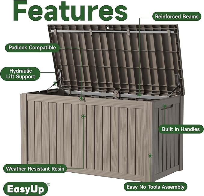 EasyUp 150 Gallon Outdoor Storage Box, Resin Waterproof UV-Resistant Deck Box with Hydraulic Lid Support, Reinforced Stability for Patio, Garden, and Poolside, Striped Gray