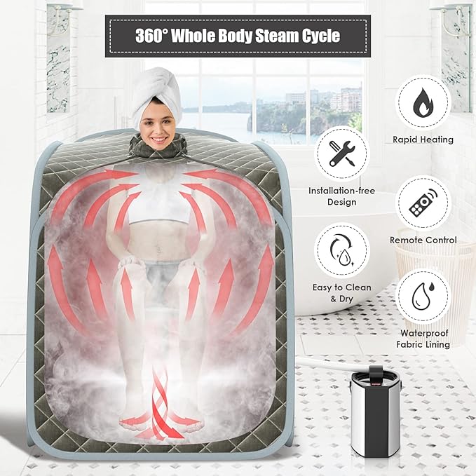 COSTWAY Portable Steam Sauna, 3L Foldable Sauna Spa with Remote Control, 9-Gear Temperature and Timer, Atomization Function, Personal Sauna Tent for Weight Loss, Detox Relaxation at Home (Grey)
