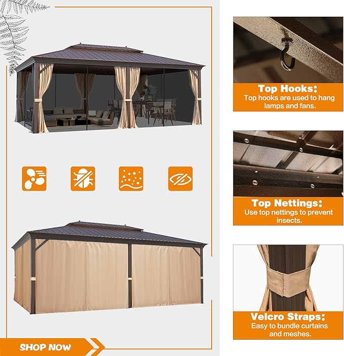 MELLCOM 14' x 20' Hardtop Gazebo,Galvanized Steel Metal Double Roof with Curtain and Netting,Brown Permanent Pavilion Gazebos with Aluminum Frame for Patios,Gardens,Lawns