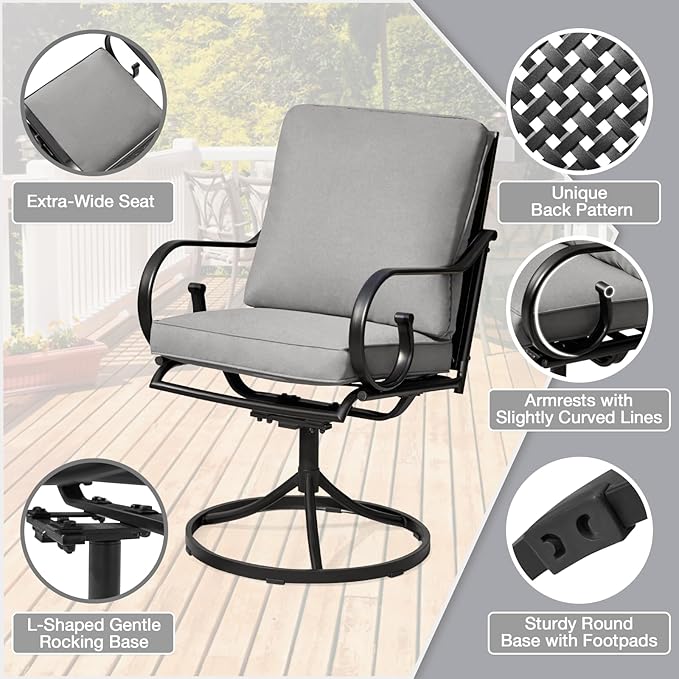 MELLCOM Patio Swivel Chair Set of 6, Heavy Duty Outdoor Dining Chairs with Thickened Cushions, Metal Patio Chairs Gentle Rocker for Outside, Garden Lawn & Porch, Backyard, Grey
