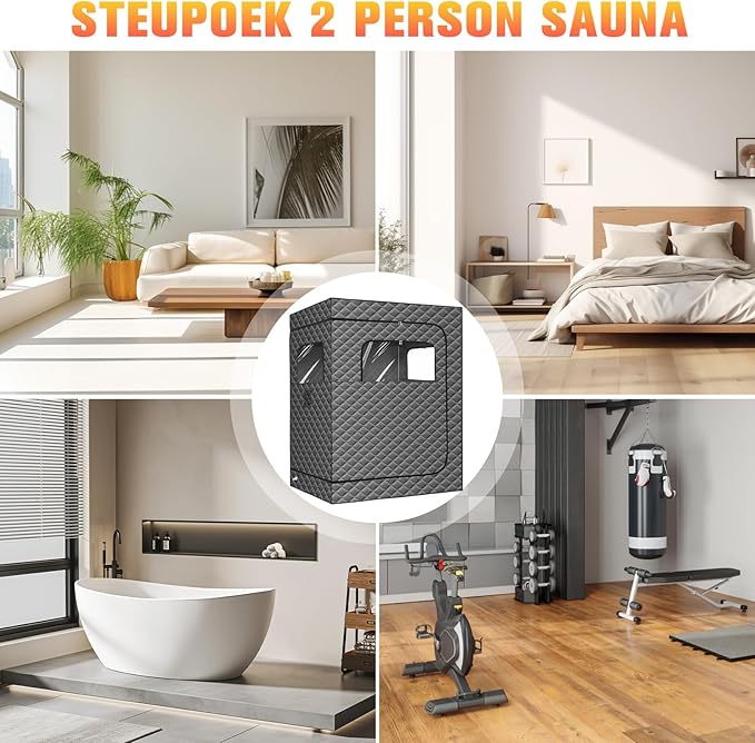 2 Person Portable Steam Sauna for Home, Extra Large Sauna Box for Relaxation, Detoxification, 2 Steamer, 2 Foldable Chair & Remote Control, Grey