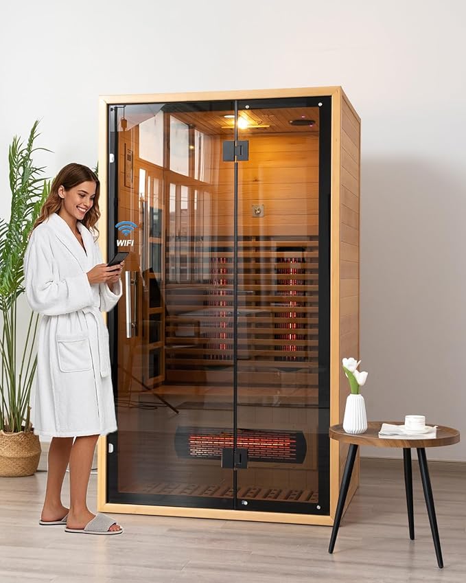 Full Spectrum Infrared Sauna for 2 Person, Upgraded WiFi Control Indoor Red Light Therapy Canadian Hemlock Wood Home Spa Saunas, Speaker, Oxygen bar, Reading & 7-Color Light, 1750 W, 110V US Instock