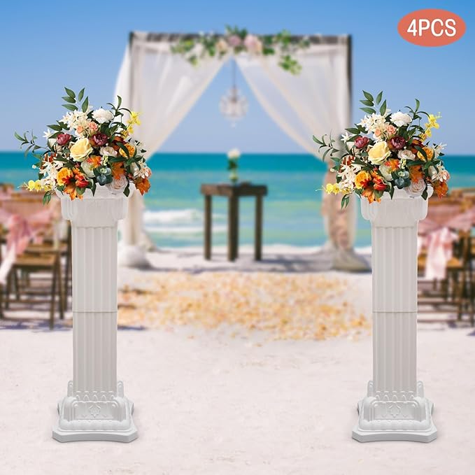 Roman Column Pedestal, Plastic White Columns for Weddings Indoor/Outdoor Roman Pillar Stand for Table Sculptures, Vase, Garden Decor (4PCS, 11.8 x 35.4 Ihch Square)