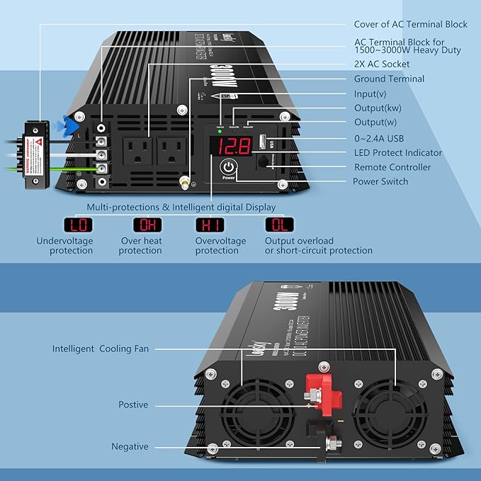 3000 Watt Power Inverter 3000W 12V DC to 110V 120V AC Inverter for Car Outdoor Solar Power Home RV Truck Compatible with Lithium Battery UL Fuses AC Terminal Block 40A USB Port Remote Control LEESKY