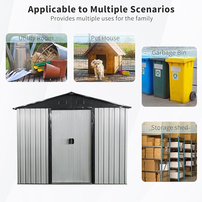 Ball & Cast 8x4FT Outdoor Storage Shed,Large Metal Tool Sheds with Window and Foundation,Garden Tool House W/Tilted Roof & Lockable Door,for Backyard Garden Patio Lawn,White+Black