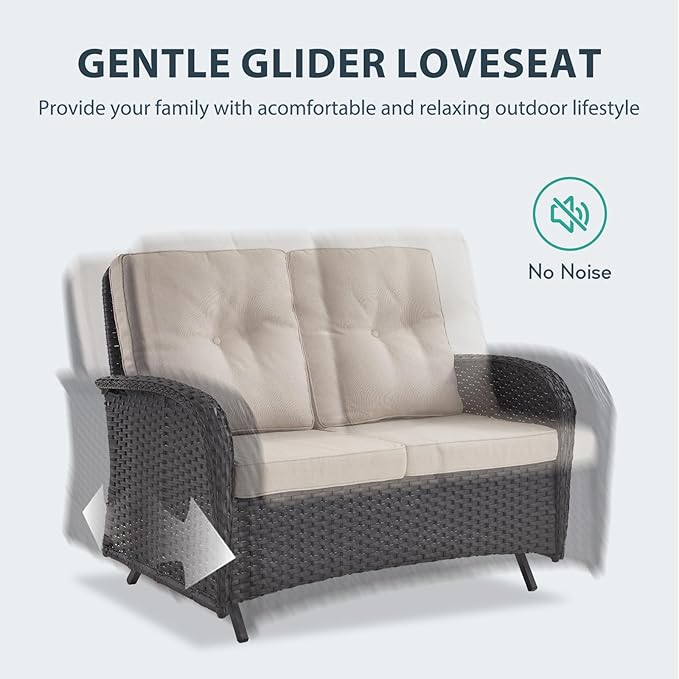 6 Piece Patio Furniture Set - Wicker Patio Conversation Set with Swivel Glider, Glider Loveseat, Tempered Glass Side Table and 2 Ottomans for Deck Backyard - Black Wicker Beige Cushion