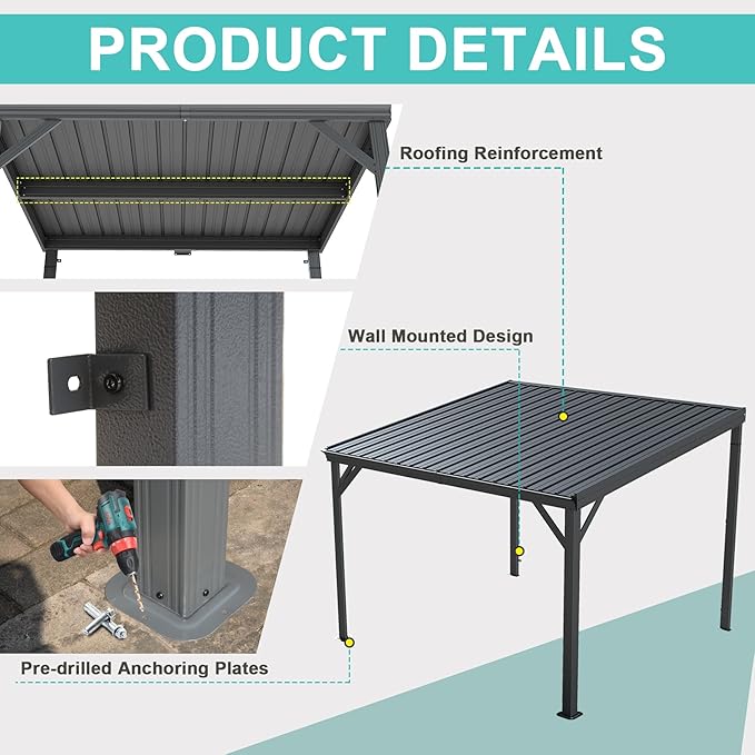 Domi 10’x12’ Lean-to Gazebo, Hardtop Wall-Mounted Gazebo Pergola with Sloping Galvanized Steel Roof and Upgraded Drainage System, Outdoor Permanent Metal Shelters for Patio Backyard Deck, Grey