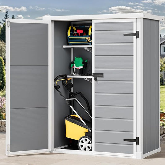 DWVO 49 Cuft Outdoor Tall Storage Shed with 2 Shelves, Weatherproof Vertical Tool Shed with Floor & Lockable Doors, Sturdy Double-Wall Plastic Cabinet for Garbage Cans and Garden Equipment (Gray)