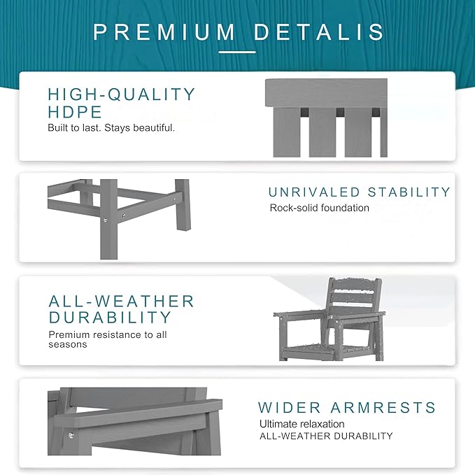 7 Piece Patio Dining Set with 11ft Patio Umbrella (Gray), 7 Gray Outdoor HDPE Dining Set with 6 Chairs + 1 Large Table with 2" Umbrella Hole, for Market, Pool, Garden, Backyard, Deck