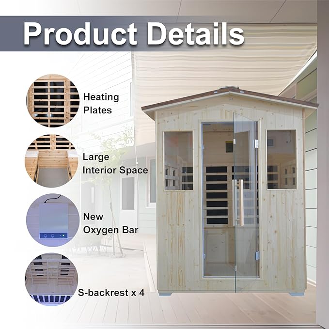 Outdoor Infrared Sauna 4 Person, Spruce Wooden Large Sauna 2600W 240V Heaters Panels With Lcd Display Control Multi Color Light Strip Bluetooth Speaker Oxygen Bar(59.06*47.24*81.89 inch Spruce)