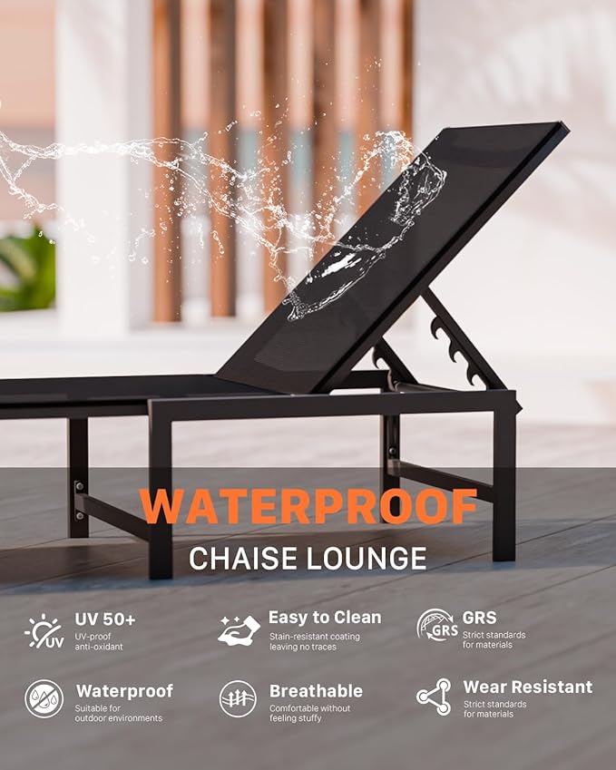 Chaise Lounge Chair Outdoor,Aluminum Patio Lounge Chairs Set of 2, Adjustable 5-Position Recliner and Full Flat Tanning Chair with Pillow for Pool, Outside,Beach,Black
