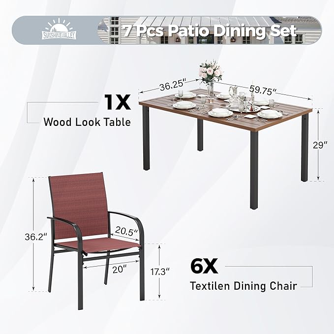 Patio Dining Set for 6, Rectangular Wood-Like Metal Table with Umbrella Hole and 6 Dining Chairs, Outdoor Table and Chairs for Lawn Garden Backyard and Deck, Red