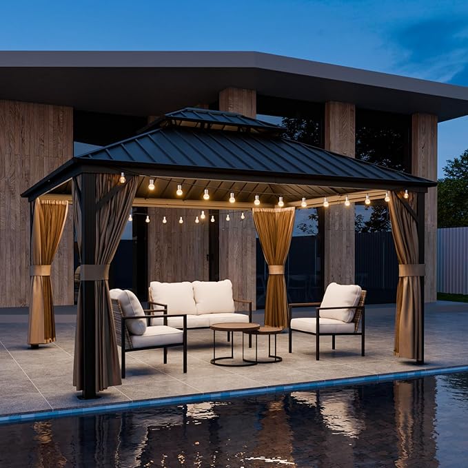 COOS BAY 12x14 Hardtop Gazebo with Aluminum Frame, Galvanized Steel Double Roof Outdoor Pavilion with Netting and Curtains, Dark Brown/Tan