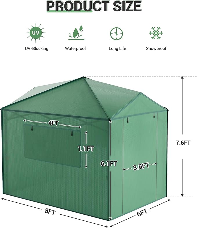GarveeLife 6X8FT Portable Greenhouse for Outdoor, Walk-in Instant Pop-Up Greenhouse for Gardening Plant, Zipper Roll Up Door & Mesh Window, Double Frame, PE Cover Grow Tent for Winter, Green