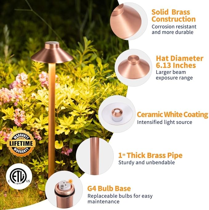 Gardenreet Brass Copper Low Voltage Pathway Lights, Waterproof Landscape Outdoor Path Light, 12V LED Bronze Hat Top Driveway Lamp for Garden Yard House with 3W 270LM 5000K G4 Bulb 6 Pack