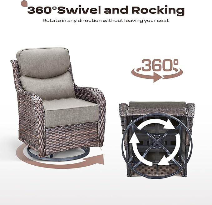 Rilyson Wicker Outdoor Patio Furniture Set - 8 Piece Patio Conversation Sets with Swivel Rocker Chairs, Ottomans, Sofa and Table, 6 inch Cushions, Deep Seating, for Porch Deck Brown/Beige