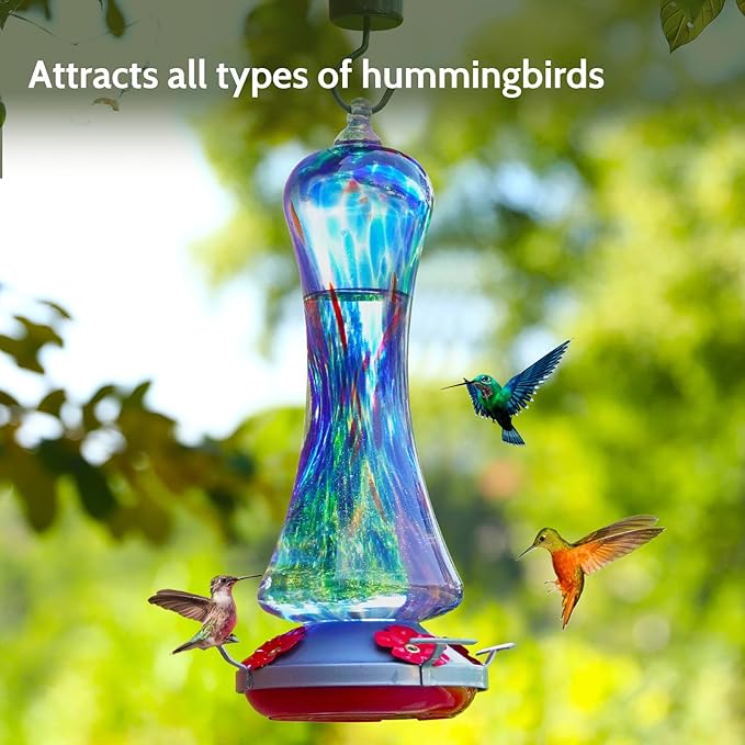 Hummingbird Feeder for Outdoors Hanging, Hand Blown Glass Hummingbird Present with Perch, Leak Proof, Never Fade, 4 Feeding Ports, 38 fl.oz, Include Hook, Ant Moat, Rope, Brush, Present for Garden