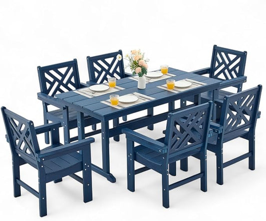 7 Piece HDPE Outdoor Dining Set for 6, Patio DHPE Furniture Set with Umberlla Hole, Weather Resistent Outdoor Table and Chairs for Garden, Poolside, Backyard, Deck, Blue