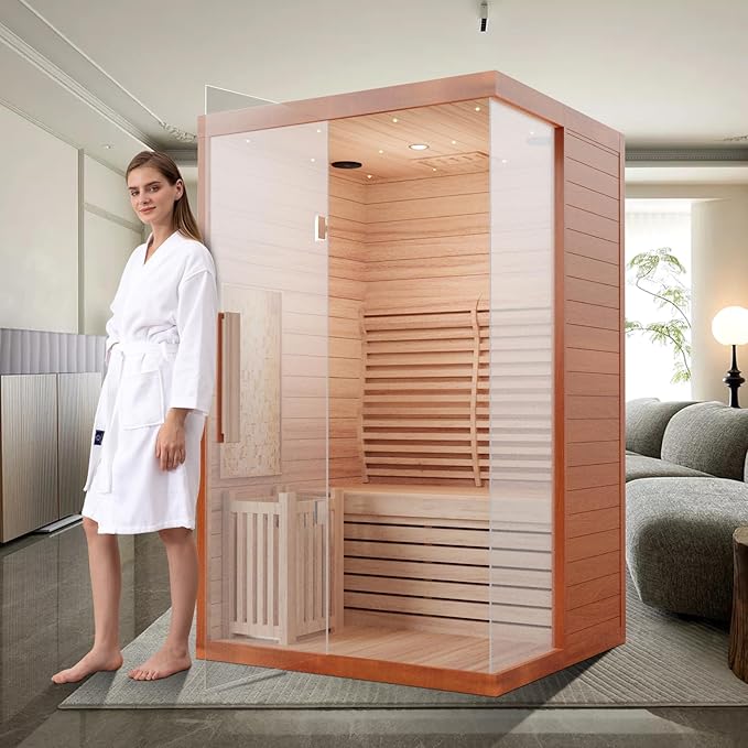 3 Person Wooden Steam Sauna Room, Red Cedar Luxurious Indoor Sona House with 6 KW Harvia Heater, Wi-Fi Controller, Bluetooth Speaker, Wooden Bucket, Scoop, Reading Light, 220V