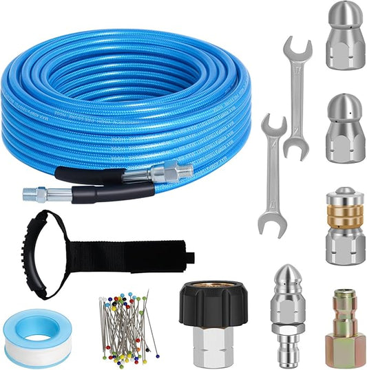 50 FT Sewer Jetter Kit for Pressure Washer, 5800PSI Water Jet Drain Cleaner Hose, 1/4 Inch NPT Corner with 4 Sewer Jetting Nozzles, Pearl Corsage Pin, Waterproof Tape, Handle Strap&2 Spanner (Blue)