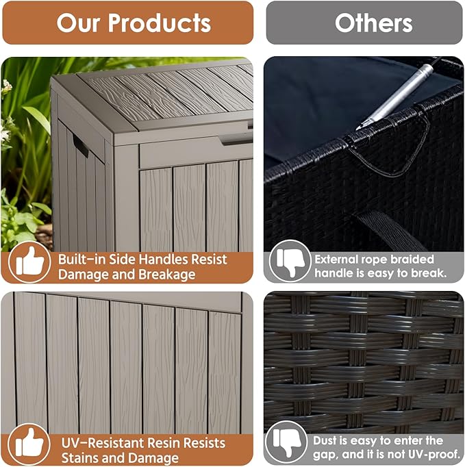 30-Gallon Outdoor Deck Box with Wood-Grain Finish, UV Resistant Waterproof Storage Container with Lock, Storage Box for Camping, Garden & Backyard, Multi-Functional Seat and Table, Light Brown