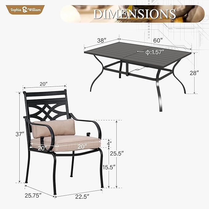 Sophia and William Outdoor Patio Dining Set for 6, Outdoor Table and Chairs, Removable Seat Cushions, 60" Black Patio Dining Table