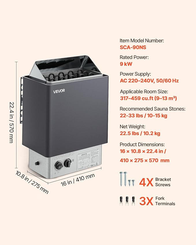 VEVOR 9KW Sauna Heater, Steam Bath Sauna Heater with Built-in Controls, Electric Sauna Stove, 3h Timer and Adjustable Temp for Max. 317-459 Cubic Feet, Home Hotel Spa Shower Use 220V FCC Certification