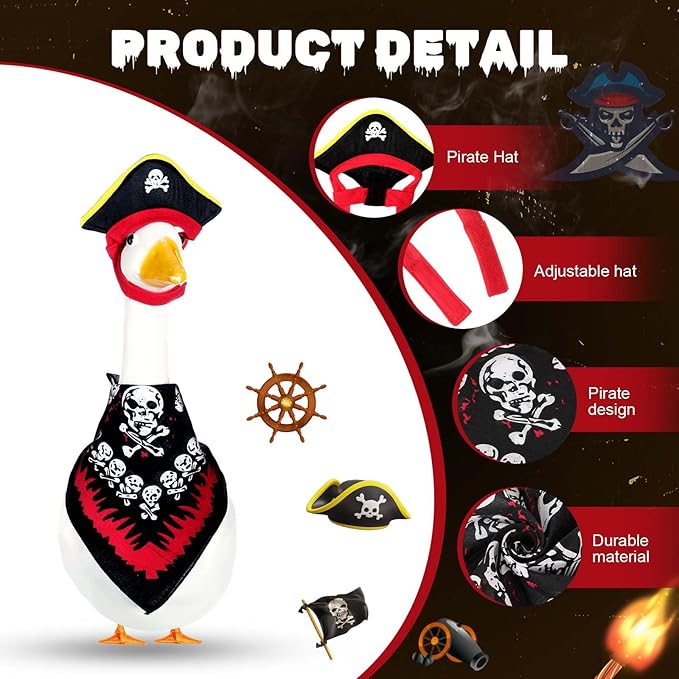 Halloween Pirate Lawn Porch Goose Outfit 23"/ 17'' Pirate Style with Bandana and Hat Costume Cement Goose Statue Clothes for Outdoor Patio Yard Art Decoration Cosplay