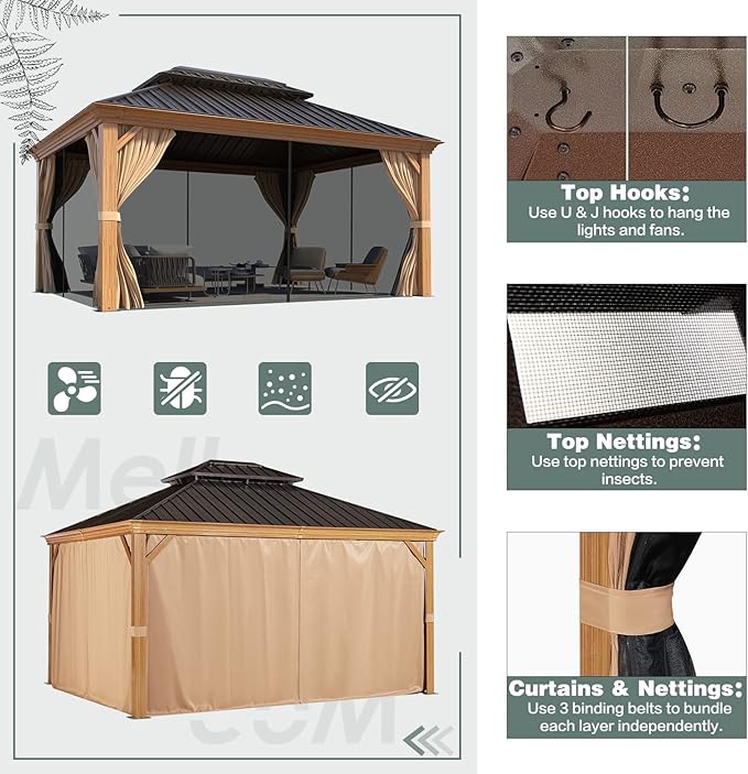 MELLCOM 12'x14' Wood Looking Hardtop Gazebo, Aluminum Frame and Galvanized Steel Double Roof, Metal Outdoor Gazebo with Curtains and Nettings for Deck Backyard and Patio